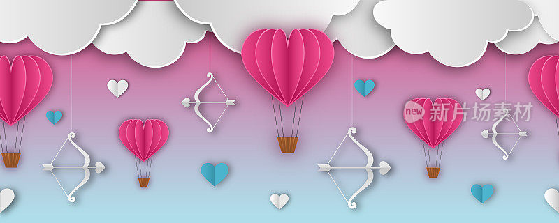 valentine's day seamless banner with paper clouds, hearts and cupid bows